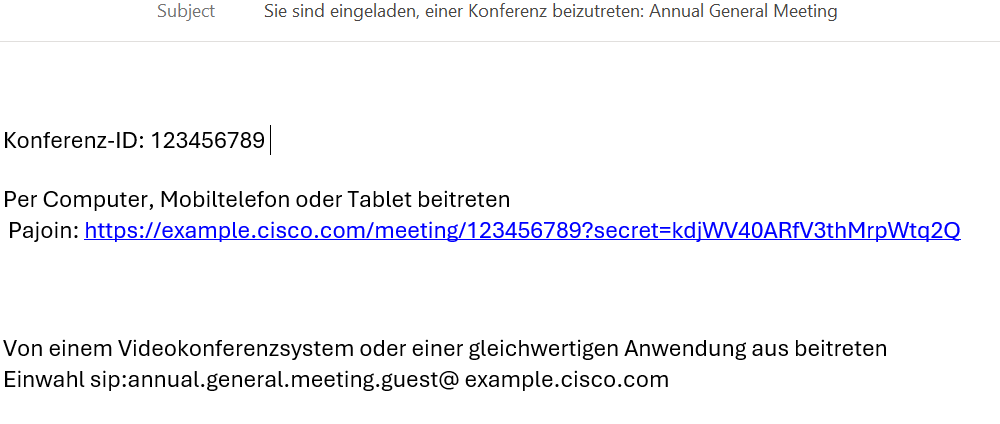 Beispiel für eine E-Mail-Einladung zeigt Meeting-ID, Passcode und Meeting-Link